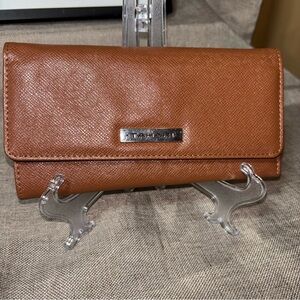 TAHARI Tri-Fold Brown Crossgrain Flap Snap Long Wallet